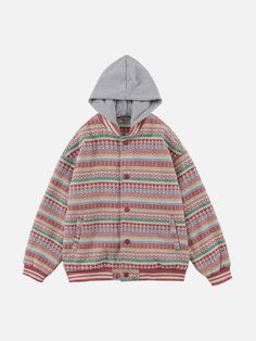 TALISHKO - Colorful Knit Hoodie - streetwear fashion Casual Winter Streetwear Sweater, Casual Winter Sweater For Streetwear, Casual Hoodie Sweater For Streetwear, Multicolor Streetwear Hoodie, Winter Hip Hop Cotton Hooded Jacket, Multicolor Hooded Jacket For Streetwear, Red Hip Hop Cotton Outerwear, Hip Hop Hooded Sweater For Streetwear, Trendy Red Hoodie For Winter