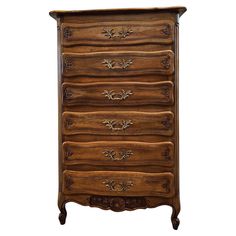 an old wooden dresser with many drawers and knobs on it's sides, against a white background