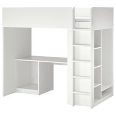 a white loft bed with built - in desk and bookcase