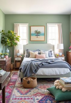 Sage Green Farmhouse Bedroom Sage Green Farmhouse Bedroom, Green Farmhouse Bedroom, Sage Green Farmhouse, Room Inspo Bedroom, Lights Bedroom Decor, Color Schemes Bedroom, Boho Chic Bedroom Decor, Green Farmhouse