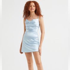 Short, Sleeveless Dress In Shiny Jersey With A Fitted Bodice And Gently Flared Skirt. Narrow Shoulder Straps Crossed At Back, Threaded Through Sides And Tied Across Back. Gently Draped Neckline, Open Back, And Seam At Waist. Unlined. This Item Is Brand New With Tags! I Missed The Return Window And Live Too Far From An H&M To Exchange It For Something Else. This Dress Is So Cute But It Showed Too Much Skin For My Comfort Level. Light Blue Fitted Sleeveless Slip Dress, Light Blue Sleeveless Satin Mini Dress, H&m Sleeveless Mini Dress For Night Out, H&m Sleeveless Mini Dress For Party, H&m Mini Dress For Date Night, H&m Sleeveless Mini Dress For Date Night, Blue Sleeveless H&m Dresses, Fitted Blue H&m Dress, Chic Light Blue Sleeveless Slip Dress