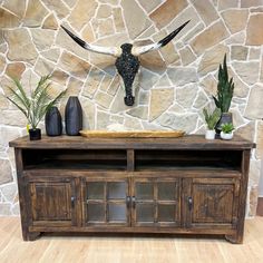 a wooden entertainment center with an animal head on the wall behind it and plants in vases