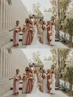 the bride and her bridal party pose for pictures