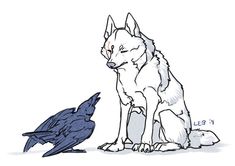 a drawing of a dog sitting next to a bird