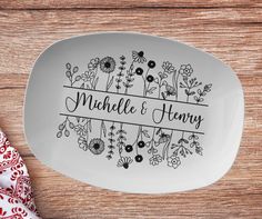 personalized serving platter with flowers on it