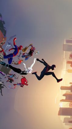 the animated spider - man and his friends are flying through the air