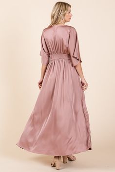 Features: Short Sleeve, V neck, Smocked Waist, Split Hem, Maxi Length, Double Satin FabricModel is 5'7"(34C 24 34) wearing small- Front Length 52 1/2 Bust 38 Mauve V-neck Maxi Dress For Spring, Blush V-neck Maxi Dress For Summer, Pink V-neck Maxi Dress For Loungewear, Summer Mauve V-neck Maxi Dress, Mauve V-neck Feminine Maxi Dress, Kimono Maxi Dress, Dusty Rose Dress, Split Hem, Dusty Rose