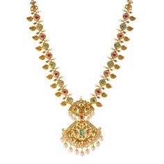 Virani Jewelers presents this majestic 22k gold necklace and earring set, a testament to their reputation of exquisite Indian gold jewelry. Adorned with a captivating array of gemstones, including emeralds and rubies, this 22k gold necklace and earring set exudes opulence. The harmonious fusion of traditional Indian design elements and 22k gold brilliance transforms this gold necklace and earring set into a wearable art, celebrating the rich cultural heritage of India. Features • 22k yellow gold Festive Multi-stone Gold Jewelry Sets, Festive Gold Multi-stone Jewelry Sets, Gold Multi-stone Necklace For Ceremonial Occasions, Ceremonial Gold Multi-stone Necklace, 22k Gold Multi-stone Temple Jewelry Necklace, 22k Gold Multi-stone Temple Necklace, Festive Gold Temple Necklace With Multi-stone, Gold Multi-stone Kundan Temple Necklace, Gold Kundan Multi-stone Temple Necklace