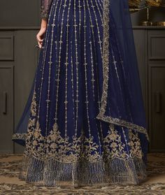 Dark Cobalt Blue Designer Heavy Embroidered Wedding Anarkali Gown-Saira's Boutique Hand Embroidery Motifs, Wedding Anarkali, Anarkali Gown, Embroidery Motifs, Embroidered Wedding, Anarkali Dress, Lace Border, Blue Fabric, Anarkali