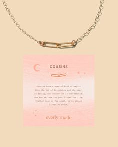 "cousins have a special kind of magic! with the joy of friendship and the heart of family, our connection is unbreakable. one for me, one for you... linked for life. whether near or far apart, we're always linked at heart. this is the chic cousins bracelet you've been looking for! choose up to 8 links to symbolize each person in your family. details: sterling silver, 14kt gold filled or 14kt rose gold filled * 16\" + 2\" extender * comes with product meaning card & in its own gift box * cable ch Casual Personalized Jewelry For Friendship, Casual Jewelry For Best Friend Gift, Casual Adjustable Chain Jewelry For Friendship, Personalized Casual Jewelry For Friendship, Personalized Casual Jewelry For Best Friend, Casual Necklace With Lobster Clasp For Gift, Casual Personalized Jewelry For Valentine's Day, Casual Necklace With Lobster Clasp As Gift, Casual Jewelry With Adjustable Chain As Gift