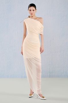 This dress features a unique asymmetric design and gathered details, crafted from luxurious viscose fabric. Perfect for any formal event, this dress will make you feel confident and stylish. Sarong Style, Mean Blvd, Rose Brooch, Asymmetric Dress, Nude Dress, Floor Length Dress, Asymmetrical Design, Floor Length Dresses, Viscose Fabric