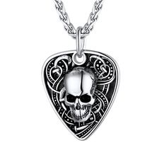 PRICES MAY VARY. 🎸 💀 Creative Guitar Pick Pendant with Skull, rock and punk jewelry for men and women. Necklace Material : surgical Stainless Steel made, robust, easy to maintain and lasting color, lead free, nickel free, hypoallergenic ! polished finish rope chain and textured pendant front. Dimension : Guitar Pick measures 1.45" x 1" /35 x 26mm, 6mm thick ; Chain width 3mm, length 22"+2 inches extension link. Necklace weight 27 grams. Punk Rock Necklace for dad, husband, biker, boyfriend on Punk Style Metal Necklace With Skull Print, Punk Metal Necklace With Skull Print, Punk Necklaces For Halloween Concert, Punk Style Necklaces For Halloween Concert, Punk Style Jewelry For Halloween Concert, Adjustable Necklaces For Halloween Concert, Edgy Silver Jewelry For Biker Events, Grunge Style Jewelry With Adjustable Chain For Concerts, Silver Jewelry For Halloween Concert