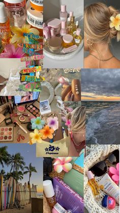 a collage of photos with various items on the beach