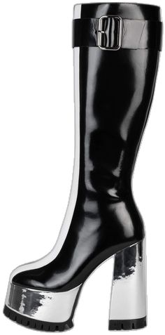 Modern Black High Shaft Boots, Knee-high Patent Leather Boots For Night Out, High Cut Leather Heeled Boots For Night Out, Leather Heeled Boots For Night Out, Leather High-cut Heeled Boots For Night Out, Leather High Cut Heeled Boots For Night Out, Patent Leather Knee-high Boots For Night Out, Sleek High Shaft Evening Boots, Sleek Knee-high Platform Boots For Party