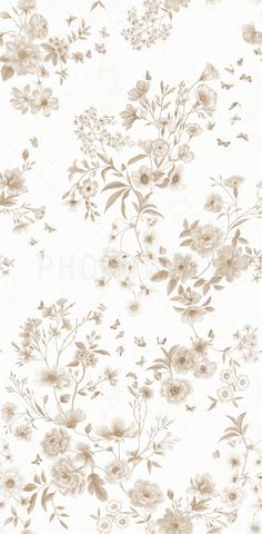 a white and brown floral wallpaper with flowers on the side, in an old fashion style