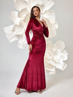 Burgundy Elegant Collar Long Sleeve Knitted Fabric Plain Fitted Embellished Medium Stretch  Weddings & Events Fitted V-neck Evening Dress For Winter, Fall Banquet V-neck Evening Dress, Long Sleeve Evening Gown For Fall, Winter Evening Gown With Long Sleeves, Long Sleeve Evening Dress For Fall Dinners, Winter Prom Long Sleeve Maxi Dress, Winter Prom Maxi Dress With Long Sleeves, Formal Long Sleeve Holiday Gown, V-neck Holiday Gown For Prom