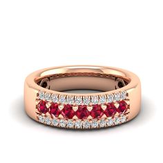 This stunning wedding ring features vibrant red diamonds set in elegant gold, creating a timeless and luxurious piece of jewelry that symbolizes love and commitment. The striking contrast between the deep red diamonds and the bright gold makes this ring a unique and eye-catching choice for any bride or groom. Metal: 14K Gold Setting Type: Prong Rhodium Finish: Yes, on White Gold Gemstone Details: Gemstone: Ruby Shape: Round Average Dimensions: 2.50 MM Quantity: 07 Average Cut: Very Good Average Red Ruby Ring Channel Set For Wedding, Red Ruby Channel Set Ring For Wedding, Luxury Red Diamond Ring With Accent Stones, Red Channel Set Ruby Ring For Wedding, Elegant Garnet Diamond Ring, Elegant Red Garnet Diamond Ring, Red Diamond Ring With Pave Setting For Anniversary, Red Diamond Ring With Accents In Fine Jewelry Style, Red Diamond Ring With Diamond Accents