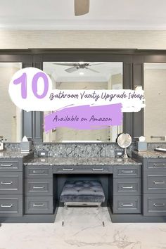 a bathroom vanity with gray cabinets and marble counter tops that has the words 10 bedroom vanity upgrade ideas available on amazon