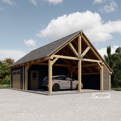 a car is parked in front of a garage with an attached carport and roof