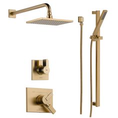 the shower faucet and hand shower head are shown in polished brass, with an overhead