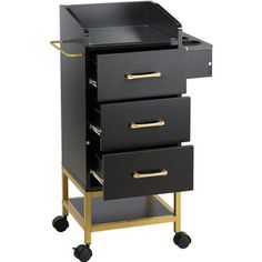 a black and gold cart with three drawers on it's sides, one drawer is open to reveal the contents