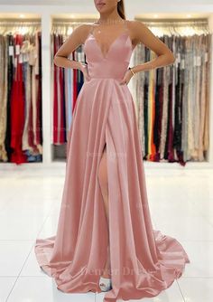 A Line V Neck Sleeveless Charmeuse Sweep Train Prom Dresses For Black girls With Split Prom Dress With Split, Sweep Train Prom Dress, Navy Prom Dresses, Hunting Quotes, Dark Red Dresses, Dress With Split, Prom Dresses 2018, Red Dresses Classy, Corset Dress Prom