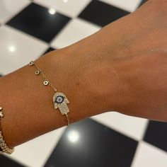 Like New - Meira T 14k Gold Hamsa Bracelet 0.28 Ct Diamonds Blue Sapphire 7in Length Lobster Clasp Made In Usa Purchased At Bloomingdales Willowbrook Mall, Nj Hamsa Bracelet, Gold Hamsa, Womens Jewelry Bracelets, Blue Sapphire, Lobster Clasp, New Color, Made In Usa, Sapphire, Like New