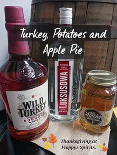 two bottles of turkey potatoes and an apple pie