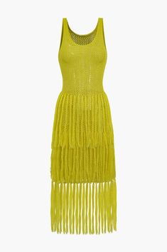 Solid Knit Fringe Cut Out Midi Dress Paris Summer Outfits, Knot Maxi Dress, Cut Out Midi Dress, Outerwear Trends, Yellow Midi Dress, Knitwear Tops, Sheer Fabric, High Waisted Trousers, Lookbook Outfits