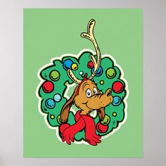 a cartoon dog with christmas decorations on its head and nose, standing in front of a green background