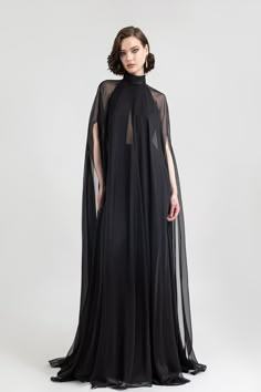 Crepe dress paired with see through cape – HerTrove Dress With Matching Gloves, High Neck Prom Dress, Cape Gown, Unique Prom Dresses, Ladies Gown, Black Evening Dresses, Black Gown, Cape Dress, Crepe Dress