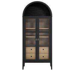 a black cabinet with two doors and drawers on the bottom, in front of a white background