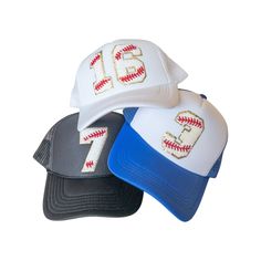 "Baseball fans! Sport yours or your loved ones' numbers in style with this custom baseball hat🧢!  This custom trucker hat features chenille varsity number patches ironed on with industrial grade heat to ensure a secure bond.  The trucker hat is a high quality, mid profile, 5-panel hat with a built in sweat band.  The fit is perfect for men or women, yet it still fits women well & is not too big, bulky, and is not high sitting on the head.  This is a great gift for a baseball lover, baseball mom Trucker Baseball Cap For Baseball Season, Game Day Six-panel Baseball Cap For Baseball Season, Sports Trucker Hat With Letter Print, Six-panel Baseball Cap With Letter Patch For Baseball Season, Six-panel Baseball Cap For Baseball Season, Curved Bill Trucker Hat For College Baseball Season, Six-panel Baseball Cap For Sports Events, Trucker Snapback Hat For Sports Events, Six-panel Letter Patch Baseball Cap For Baseball Season