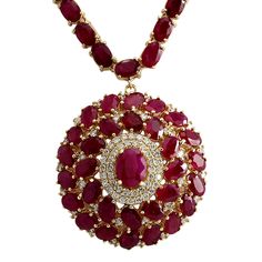 58.96 Carat Natural Ruby 14K Yellow Gold Diamond Necklace - Fashion Strada Ruby Diamond Necklace, Gold Ruby Necklace, Ruby And Diamond Necklace, 14k Yellow Gold Necklace, Ruby Pendant, Luxury Necklace, Gold Diamond Necklace, Red Gemstones, White Gold Necklaces