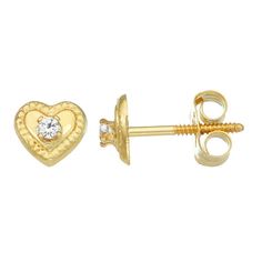 These Charming Girl heart-shaped 14k gold earrings will add a little dazzle to her day. These Charming Girl heart-shaped 14k gold earrings will add a little dazzle to her day. Length: 5 mm Backings: push-on screw-off Nickel free Metal: 14k gold Finish: polished Packaging: boxed Made with SWAROVSKI ZIRCONIA Size: One Size. Gender: female. Age Group: adult. Gold Heart Cut Diamond Earrings, Gold Heart Cut Diamond Earrings For Valentine's Day, Heart-shaped 14k Earrings For Gifts, Heart-shaped Gold Diamond Earrings For Gift, Gold Heart-shaped Diamond Earrings Gift, Heart Shaped 14k Stamped Earrings For Gift, Gold Heart-shaped Diamond Earrings, Yellow Gold Heart Earrings With Diamond Accents As Gift, Heart-shaped 14k Stamped Earrings Gift