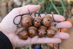 a person holding five small wooden acorns in their hand