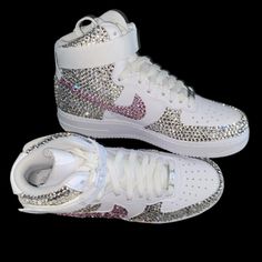 Welcome, Nike Airforce 1’s High Tops With Luxe Crystal & Light Rose Pink Bling Ticks Fronts & Back Design, Made To Last Permanent Design! Colours:Iridescent Crystal Diamond & Light Rose Pink All Colours Available Please See Colour Chart Attached, Brand New In Box Nike Airforce 1’s High Tops Sizes In Usa Women’s 6 6.5 7 7.5 8 8.5 9 9.5 10 10.5 11 11.5 12 12.5 13 Comes With Original & Ribbon Laces To Order; Can Also Be Made In Black Please See Colour Chart Attached To Change Colour Way Or Add Addi White Rhinestone Sneakers For Streetwear, White Iced Out Sneakers For Streetwear, White Embellished Sneakers For Streetwear, Sporty White Sneakers With Rhinestones, White Custom Sneakers With Rhinestones For Streetwear, White Custom Rhinestone Sneakers For Streetwear, White Rhinestone Custom Sneakers For Streetwear, White Rhinestones Custom Sneakers For Streetwear, Iced Out Round Toe Sneakers For Streetwear