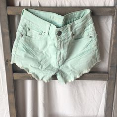 Never Worn Hi Rise Tiffany Blue Jean Shorts! The Fabric Is Stretchy And Very Flattering Cotton Bottoms With Built-in Shorts And Cutoff Shape, High Rise Cotton Shorts For Summer, Fitted Light Wash Cotton Bottoms, Summer Cotton Mid-rise Shorts, Summer Mid-rise Cotton Shorts, Stretch Cotton Light Wash Shorts, Mid-rise Cotton Shorts For Day Out, Cotton Mid-rise Shorts For Day Out, Cotton Cutoff Bottoms For Day Out