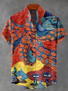 Description:Material: Cotton BlendStyle: CasualTheme: ARTPattern: ARTSleeve Type: Short SleeveNeckline: Shirt CollarElasticity: No StretchFit Type: RegularShirt Length: RegularSize Chart: Casual Shirt, World Art, Octopus, Casual Shirts, Hand Drawn, How To Draw Hands, Art Print, Art Prints, Art