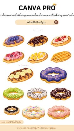 a bunch of different types of donuts and waffles are shown in this poster