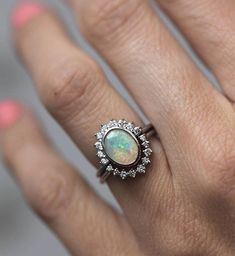 Australian Oval Opal and Diamond Ring Set Opal Diamond Engagement Ring, White Gold Promise Ring, Opal And Diamond Ring, Blue Diamond Engagement Ring, Prong Engagement Rings, Tanzanite Engagement Ring, Opal Diamond Ring, Opal Wedding, Floral Engagement Ring