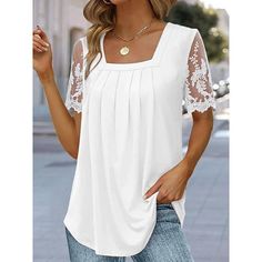 Season:Summer,Spring; Fabric:Polyester; Sleeve Length:Short Sleeve; Look After Me:Wet and Dry Cleaning,Washable,Machine wash; Gender:Women's; Style:Basic; Elasticity:Micro-elastic; Tops Type:Lace Shirt,Shirt,Blouse; Occasion:Casual; Details:Without Lining; Top Length:Regular; Fit Type:Regular Fit; Pattern:Plain; Design:Lace; Neckline:Square Neck; Brand:Shall We; Front page:FF; Listing Date:04/06/2023; Production mode:External procurement; Bust:; Length:; Sleeve:; Fit US Size:null; Fit UK Size:nu Women Lace Blouse, Linen Fashion, 60 Fashion, Short Sleeve Pattern, Fashion 2024, Casual Tops For Women, Sleeves (women), Casual Pullover, Casual Shirt