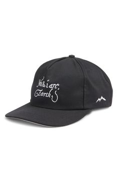 a black hat with white writing on it