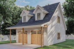 a two car garage with an attached porch