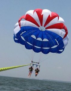 two people are parasailing in the ocean