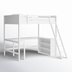 a white bunk bed with a desk underneath it and shelves below the bed for storage