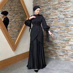 This beautiful skirt top set is made to perfection on premium UAE satin nida fabric with beautiful bow tie sleeves! Elegant Black Floor-length Dress Set, Satin Evening Sets, Elegant Black Floor-length Set, Elegant Black Satin Set, Elegant Long Sleeve Sets For Banquet, Elegant Formal Floor-length Sets, Chic Black Wedding Sets, Elegant Dresses For Eid, Chic Party Sets For Eid