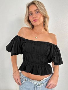 Material:95% Polyester. Features:Short sleeve. ruffle. ruched. square neck. solid color. crop top.Style:Casual. Trendy Fitted Off-shoulder Top, Chic Ruched Off-shoulder Top For Spring, Trendy Ruched Off-shoulder Top With Stretch, Trendy Stretch Ruched Off-shoulder Top, Spring Ruffled Short Sleeve Crop Top, Spring Short Sleeve Solid Color Crop Top, Spring Solid Color Short Sleeve Crop Top, Casual Puff Sleeve Top With Square Neck, Casual Off-shoulder Top With Ruffles