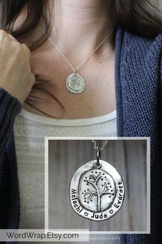 Personalized family tree name necklace rustic 925 stePersonalize this rustic family tree mothers necklace. Hand stamped in sterling silver with your kids names. Makes a great unique mom gift. Tree of life. Click to customize yours. #WordWrap #WordWrapJewelry #HandmadeJewelry #GiftsForHer #Necklace #HandStamped #MothersDayGifts #PersonalizedJewelry #GiftForMom #HandmadeNecklace #NameNecklace #PersonalizedNecklace #GiftForWife #HandStampedJewelry #MomNecklace #NameJewelry  #RusticJewelry #UniqueJe Stackable Name Rings, Tree Name, Hand Stamped Ring, Gift Tree, Silver Wrap Ring, Personalised Family Tree, Unique Gifts For Mom, Mother Jewelry, Jewelry Quotes