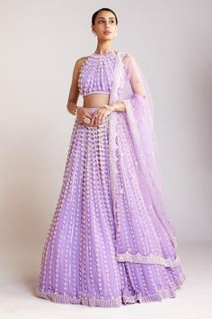 Lilac attached cancan skirt with all-over chandelier pearl embellishments. Comes with halter neck pearl drop crop top, inner slip lining and a dupatta. - Aza Fashions Pearl Lehenga, Vani Vats, Cancan Lehenga, Full Sleeve Blouse, Padded Blouse, Net Lehenga, Backless Crop Top, Lehenga Blouse, Purple Blouse